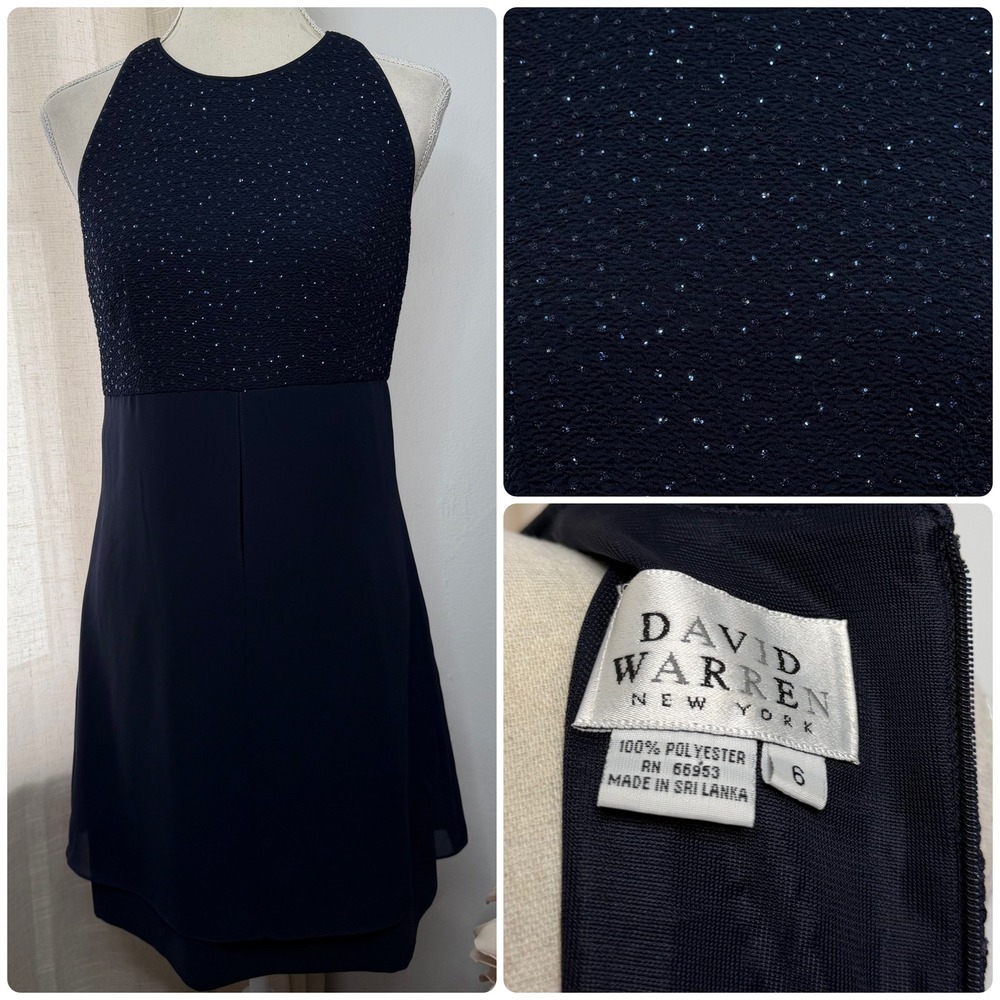 90s Y2K Vintage David Warren Glitter Dress Sparkles Navy Blue Women's Size 6 - Picture 1 of 11